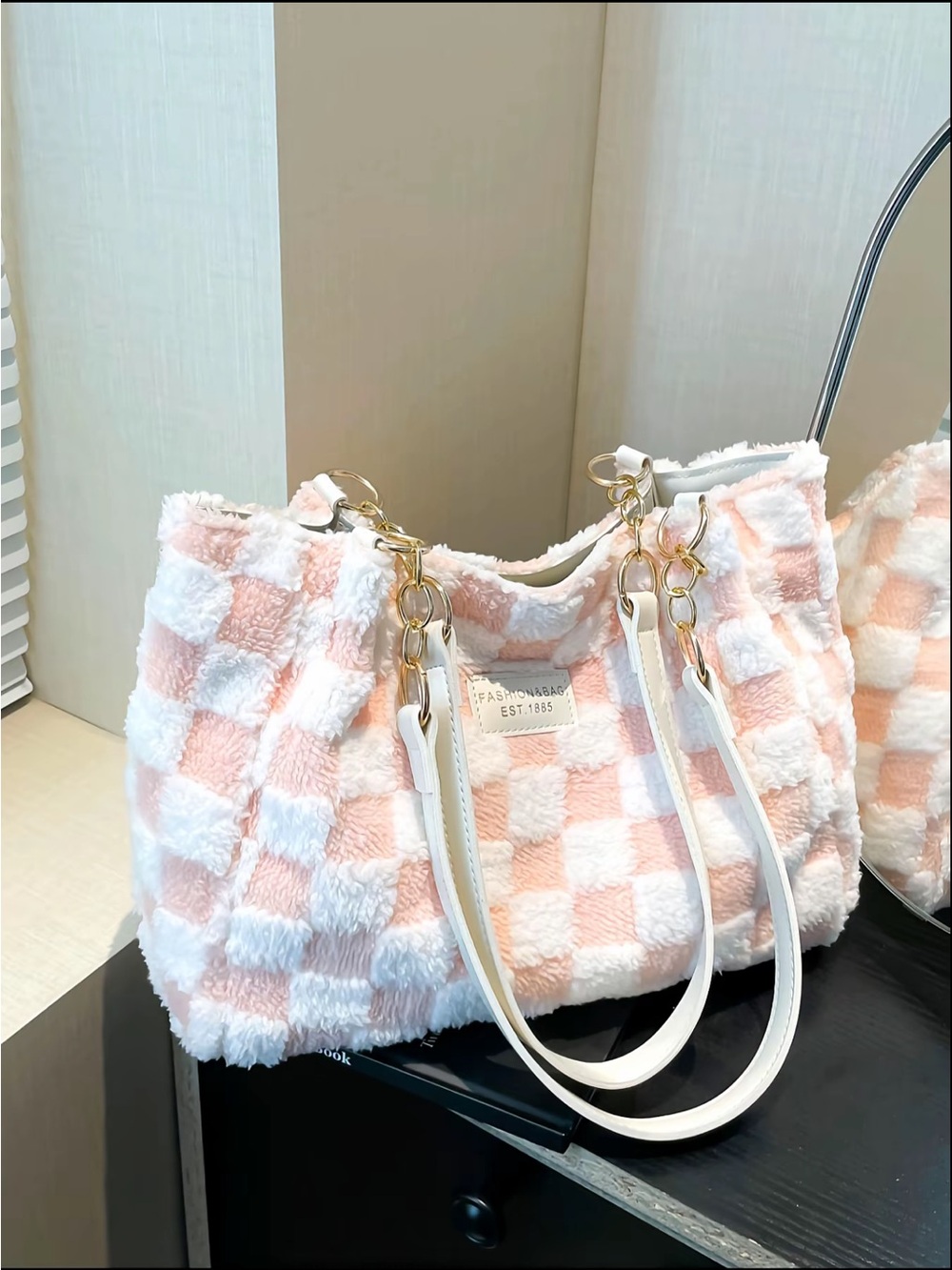 White & Pink Checkered Faux Fur Tote Bag -